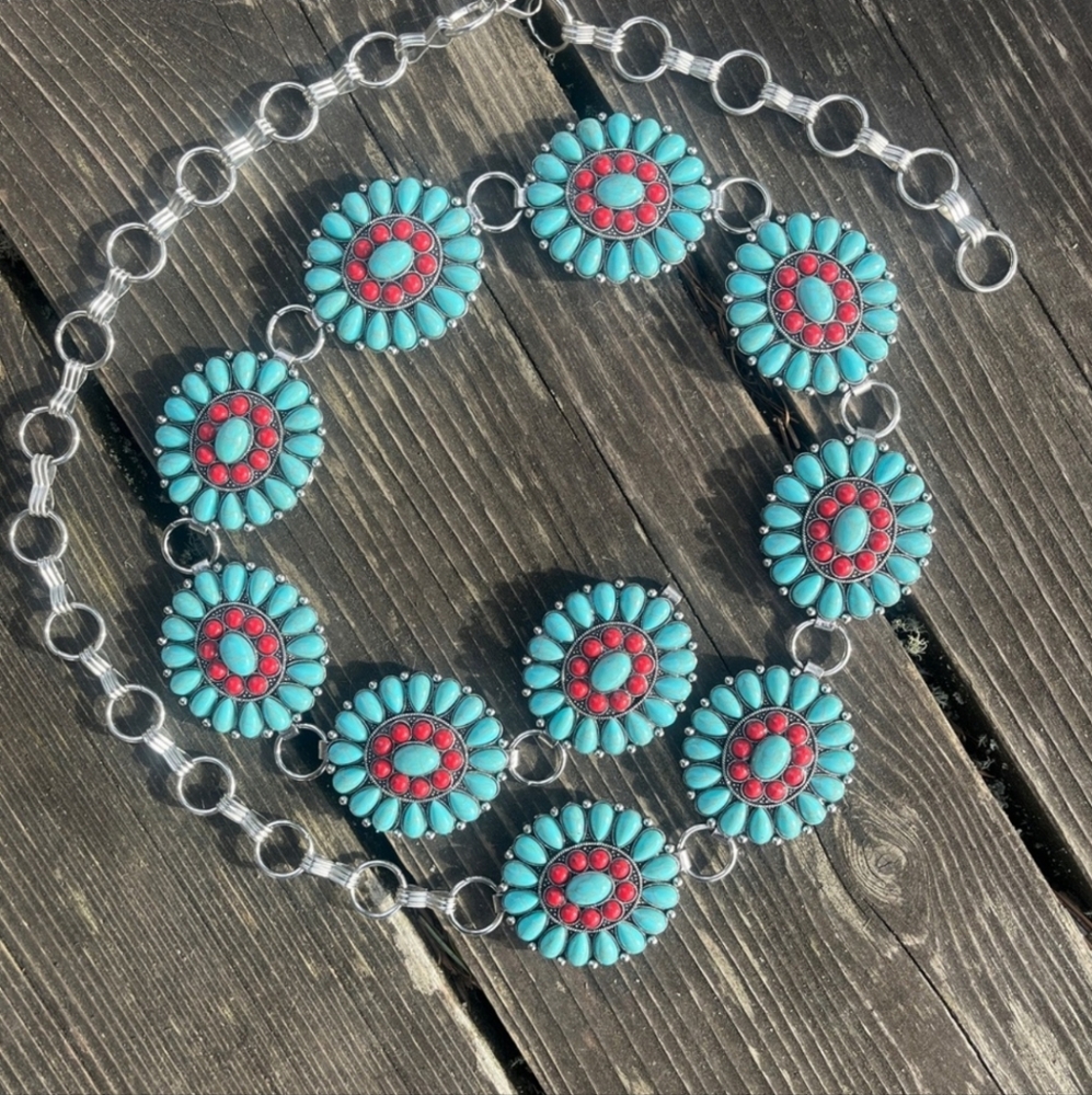 NWOT turquoise and red resin stone concho belt